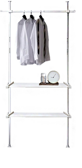 棒棒家居 32mm粗管頂天立地衣架 2豎1橫 伸縮層板x2 附撐衣桿, 白色 (2豎1橫+伸縮層板x2)