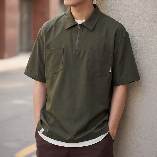 루크 남성 여름 반집업 포켓 반팔 카라티 데일리 시원한 반지퍼 레이어드 상의 캐주얼 베이직 편안한 티셔츠