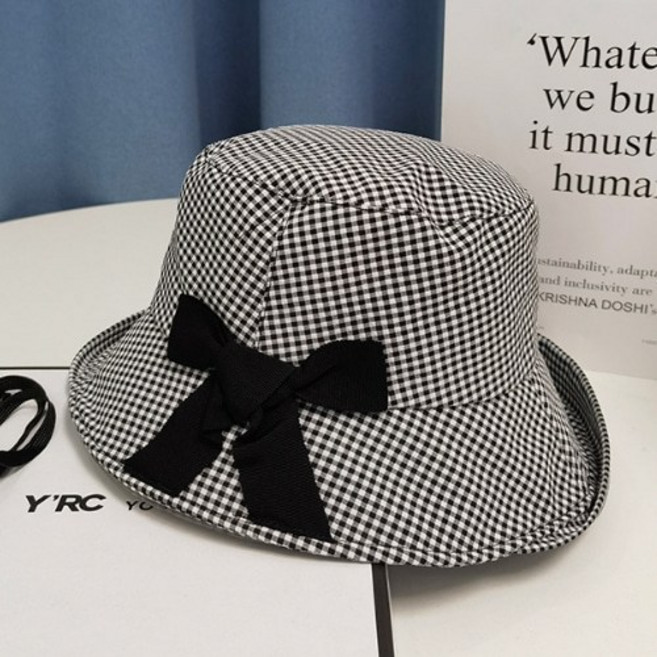 안녕릴리 여성 체크 리본 매듭 챙 접이식 모자