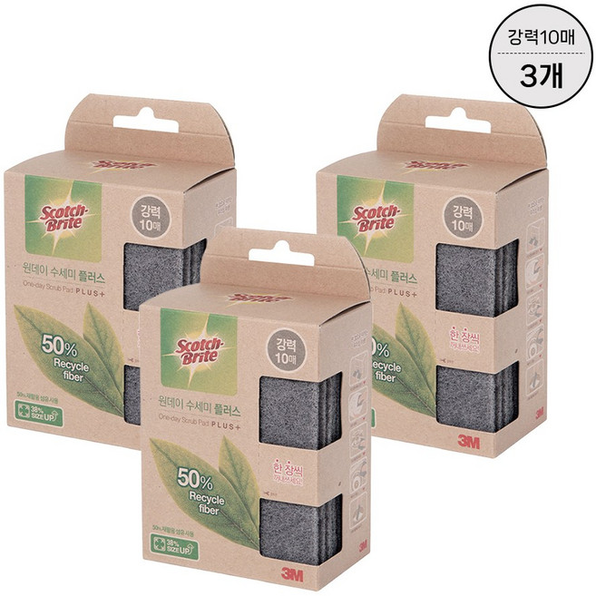 3M 스카치브라이트 원데이 수세미 플러스 강력 30매 리필, 3개
