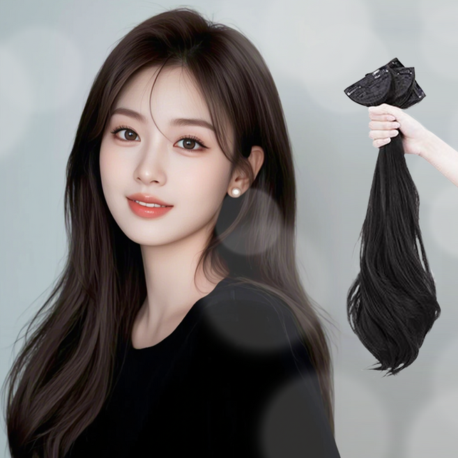 르빈솔 똑딱이 붙임머리 헤어피스 자연스러운 컬 3P 여배우 볼륨업 부분머리 피스 가발 드레스업, 3개, 네추럴블랙 50cm