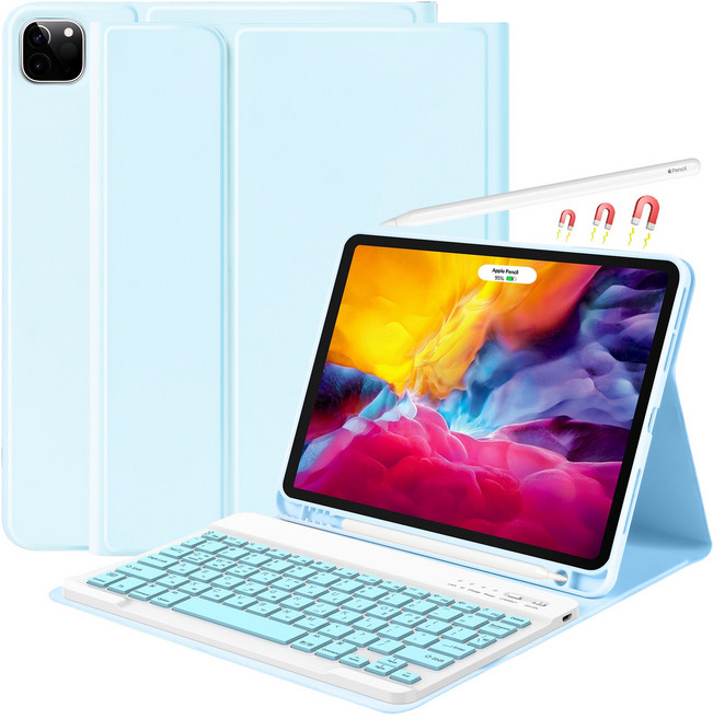 아이패드 전용 블루투스 키보드 케이스 S펜 수납 프리미엄 블루투스 키보드 다이어리 케이스 11인치, 푸른 색, 1개