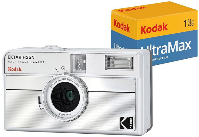코닥 EKTAR H35N 하프 프레임 35mm 코팅 없음 기능 내장 개선 않음)(글레이즈드 재사용 블루) 및 필름 전구 초점 배터리는 AAA 포함되지 필터 가능 렌즈(필름, Striped Silver, Single