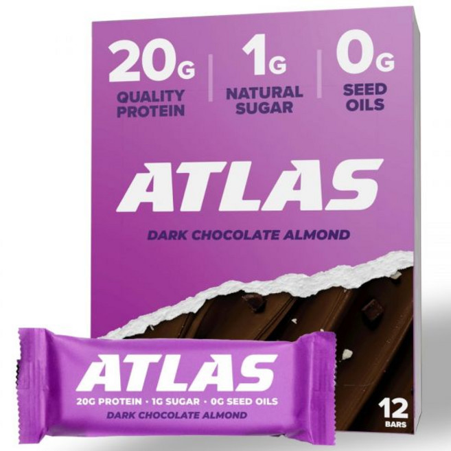 Atlas Protein Bar 20g Protein 1g 설탕 Clean Ingredients Gluten 프리 (Dark 초콜릿 Almond 12개입 (1팩)), Atlas Protein Bar, 20g Protein, 1개