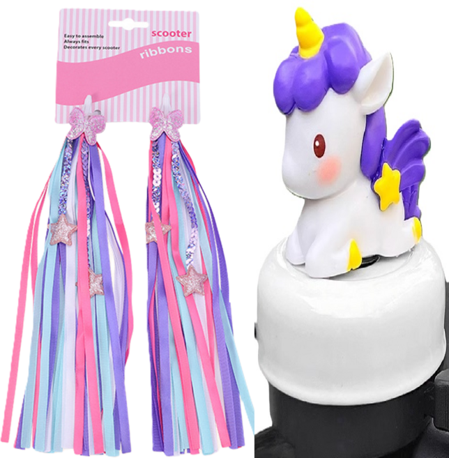 소브리 킥보드테슬 유니콘 경적벨 따릉이 악세사리 세트, 1세트, 퍼플&퍼플