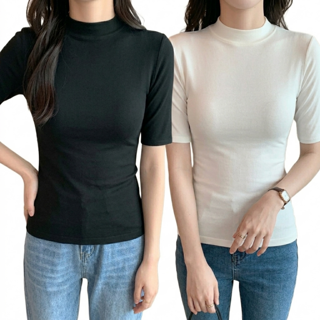 쥬베아르 여성 슬림핏 라운드 5부 반팔 티셔츠 2종 세트