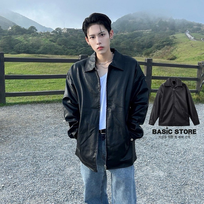 【BASIC】 韓國 翻領皮外套 實拍 皮衣男女可穿 質感