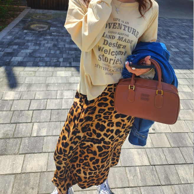 <청담코코> 비침없는 허리밴딩 레오파드 롱스커트