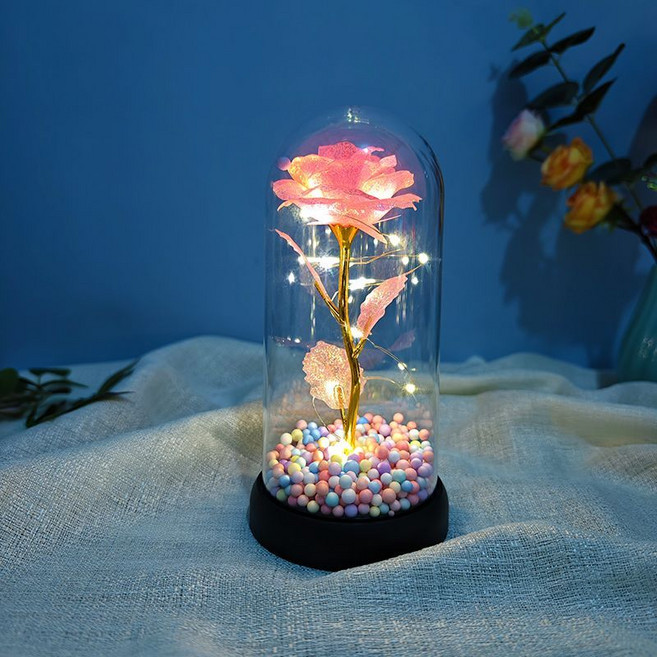 永生花 發光玫瑰 塑料罩 氛圍燈 生日禮物 情人節 母親節, 1個, 【大號】星光粉花+彩球 暖燈+粉盒
