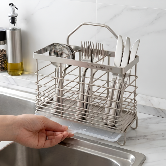 모노제이 304스텐 물받이 3구 수저통, 1개, 스테인리스