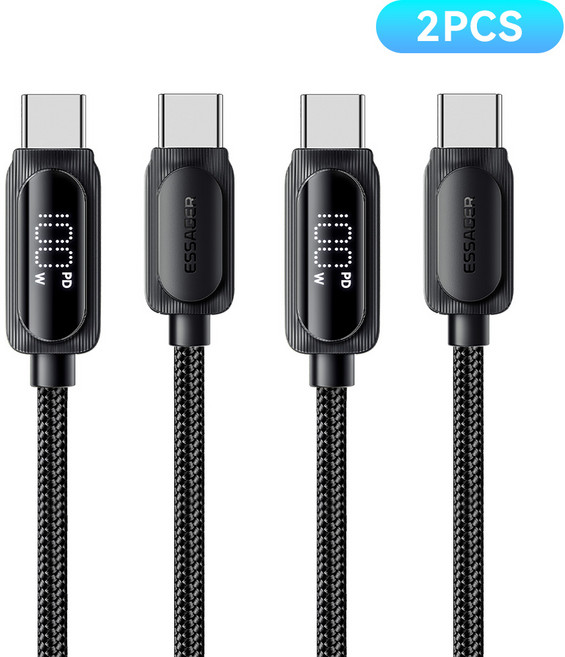 Essager 디스플레이 E-Marker칩셋 PD 100W C타입 초고속충전 케이블, 2개, 3m, 블랙