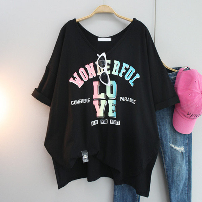 달콩 여성 빅사이즈 컴LOVE유브이넥박스반팔티