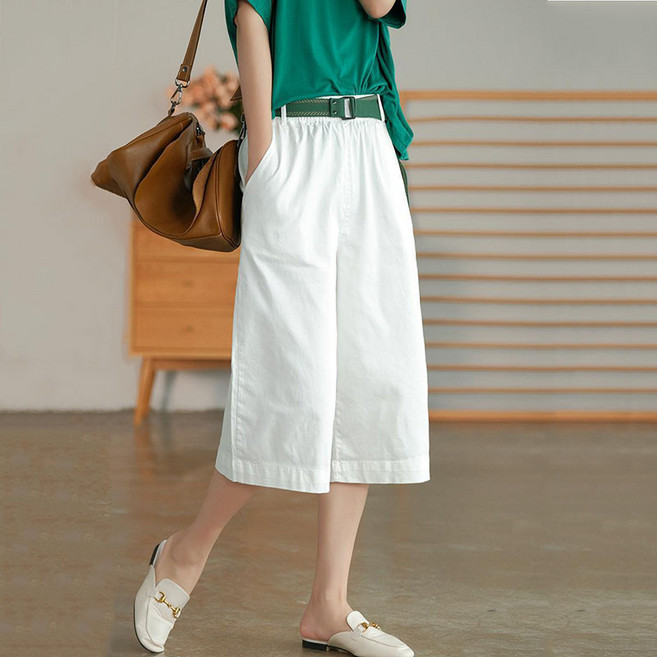 여성용 여름 하이웨스트 밴딩 와이드 팬츠 캐주얼 면마 7부바지