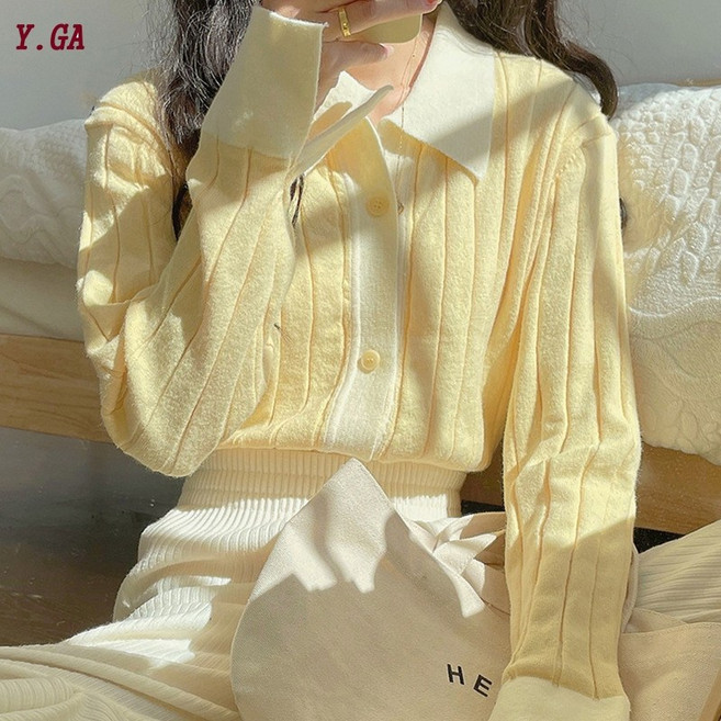 Y.GA 겨울 여성 스웨터 캐주얼 니트 봄 가을 20대 여대생 푹신한 니트 카디건 폴로 카라 슬리밍 베이직 상의 패셔너블한 골지 니트