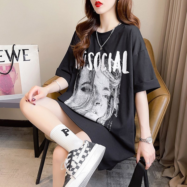 스타일아유 여성 봄 여름 면100% 반팔 빅사이즈 오버핏 롱박스티셔츠 프린팅 라운드 데일리 베이직 [A3G2TS1605]