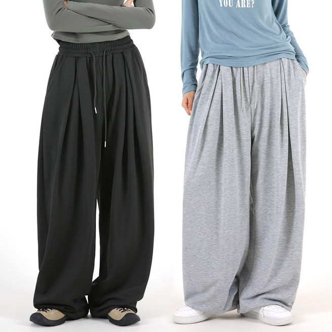 오버나인 여자 여성 숏/롱 기장선택 키큰녀 키작녀 와이드 벌룬 밴딩 포핀턱 트레이닝 바지 팬츠 ON-3