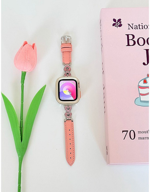 러블리 하트 포인트 애플워치38 40 41mm/42 44 45 49mm/갤럭시핏3/갤럭시핏4 가죽 스트랩, 핑크, 1개, 하트 체인 가죽 스트랩