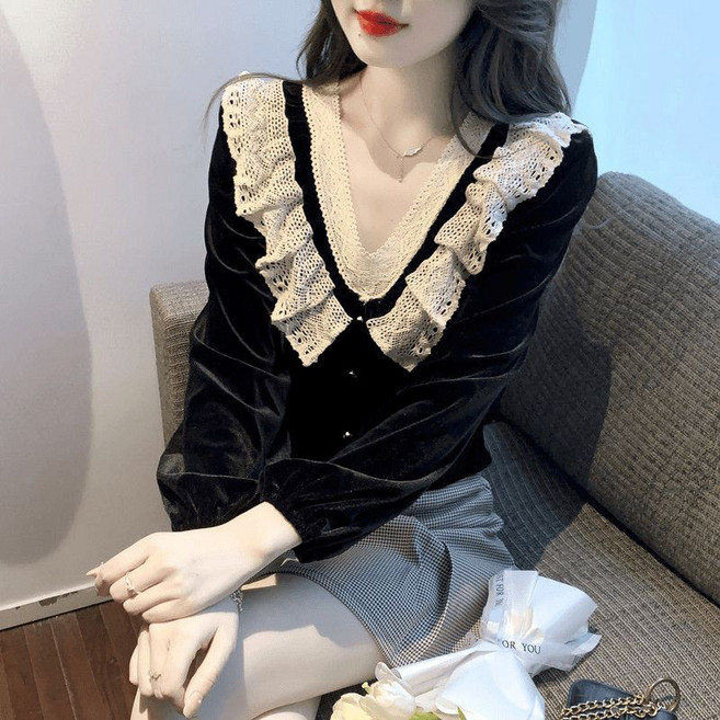 COSYEVNO 여성 벨벳 티셔츠 가을 브이넥 레이스 패치 긴팔 상의 lyjsr19
