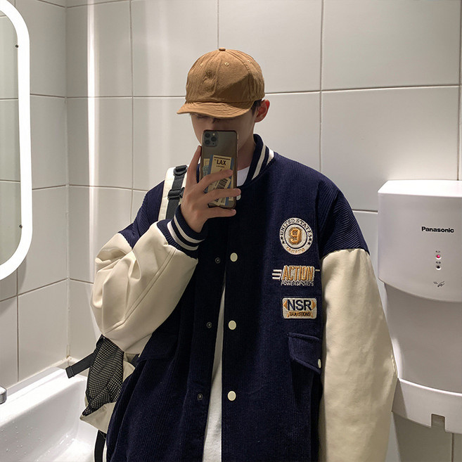 Uneed 燈芯絨皮袖棒球外套 運動風藏青拼接寬鬆棉服外套