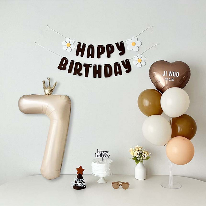 연지마켓 데이지 생일 가랜드 파티 용품 세트 숫자 풍선 (레터링포함), 1세트, 브라운가랜드 숫자 7
