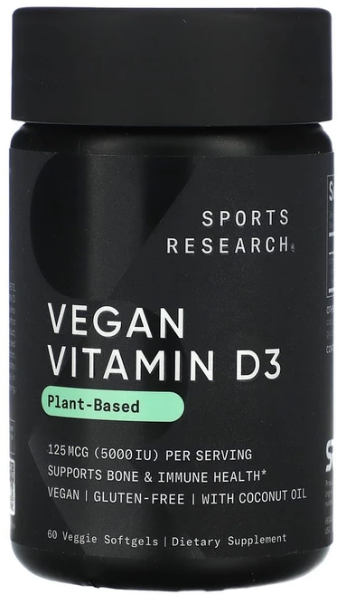 스포츠리서치 플랜트-베이스드 비건 비타민 D3 125mcg 코코넛 오일 포함 베지 소프트젤 글루텐 프리, 60정, 1개 - 쿠팡