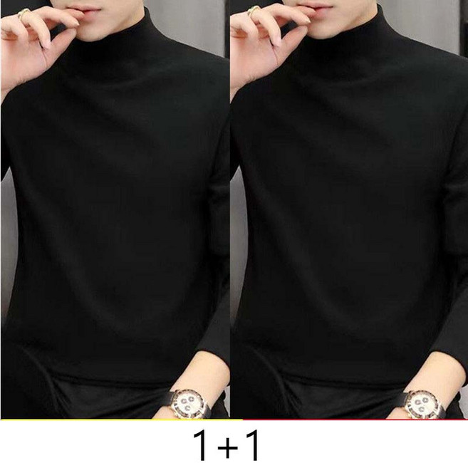 1+1 남자 겨울 기모 티셔츠 빅사이즈 슬림핏 남성 기모 반폴라티 2피스 가을 겨울 남성 긴팔 이너 상의 CJJ
