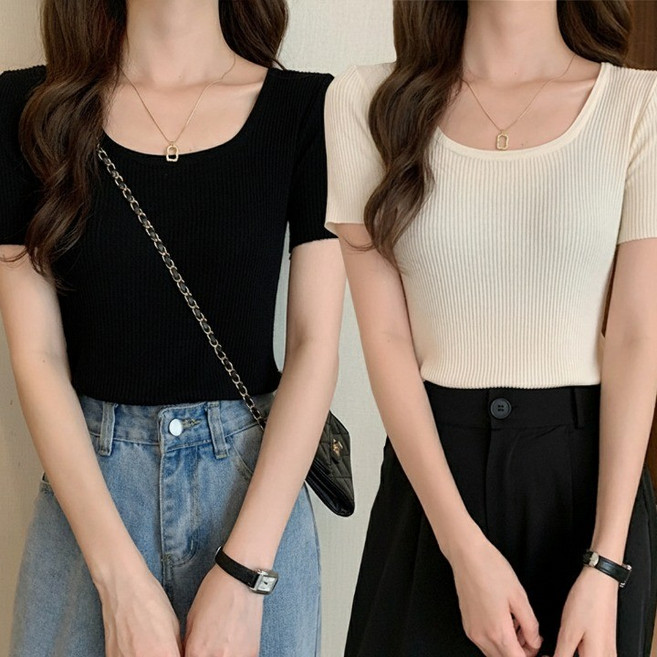 MU랑 여성 데일리 라운드 골지 니트 반팔