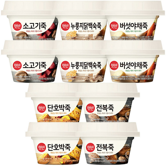 (상온)[비비고]죽267g10종세트/누룽지닭백숙2 전복2 버섯야채2 소고기2 단호박2, 1세트, 2.8kg