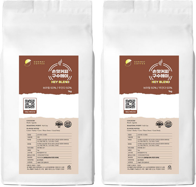 [원두커피 무료배송] 갓 볶은 신선한 원두커피 구수한향미 (홀빈) / 손맛커피 전용원두 구수헤이(HEY), 1kg, 2개, 홀빈(분쇄안함)