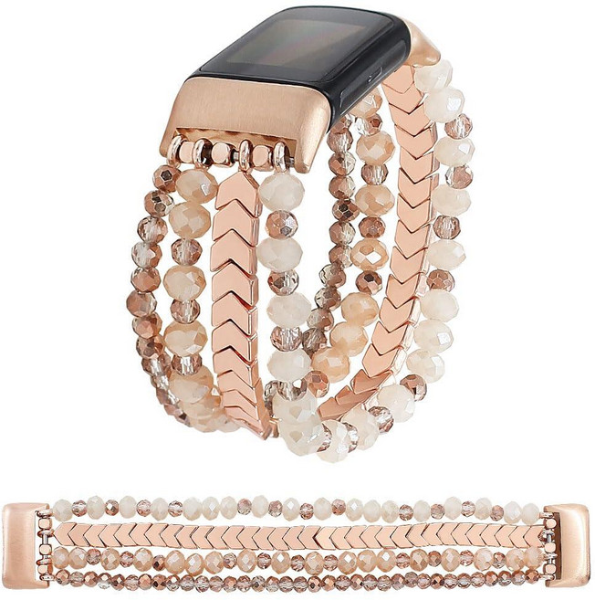 WONMILLE Fitbit Charge 6 밴드Fitbit 5 밴드 호환 비즈 팔찌 여성용 주얼리 스트랩 교체용 6Charge 피트니스 트래커 블랙실버 L, 로즈 골드