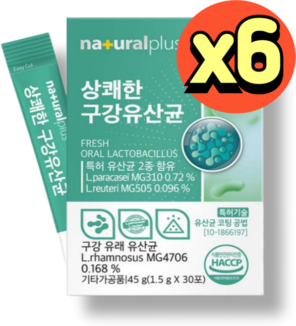 플러스 구강 유래 유산균 입냄새 입안관리 장건강 혼합유산균 더블케어 분말스틱 애플민트향, 6박스