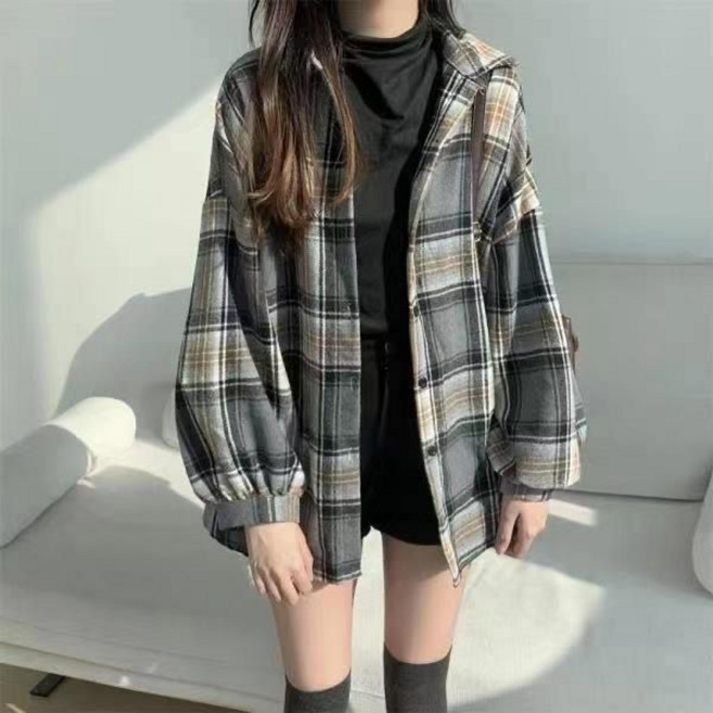 IFaith 磨毛格子襯衫 罩衫 長袖襯衫 格子襯衫 外套 經典復古 格紋磨毛 中性風 SH003