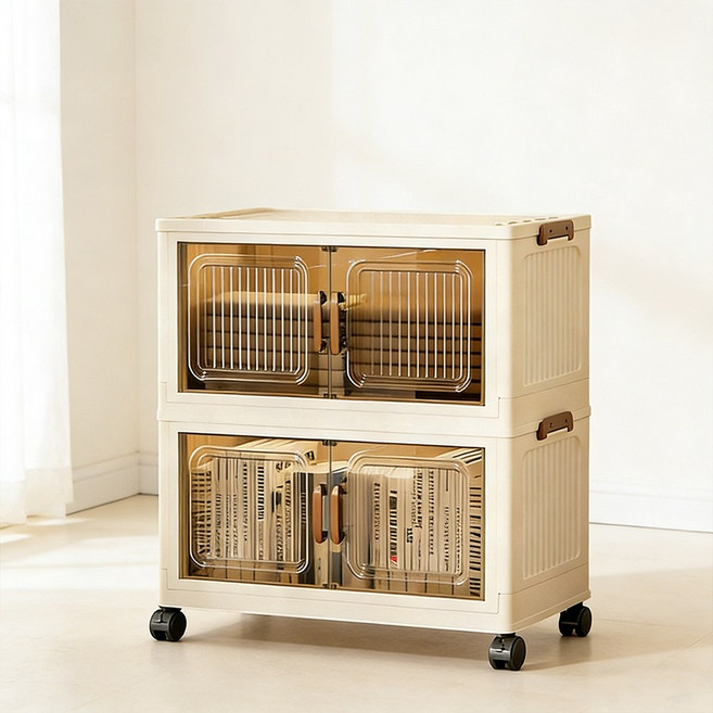 Frokom 이동식 폴딩 수납장 폭 55cm 리빙박스 접이식 바퀴 수납함 다용도 정리함, 투명 갈색, 2단