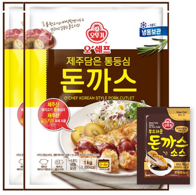 [오뚜기] 오쉐프 제주담은 통등심 돈까스 (돼지고기 65) 1kg x 2봉+(증정)소스 10개, 단일상품_기타_상세페이지참조, 1세트