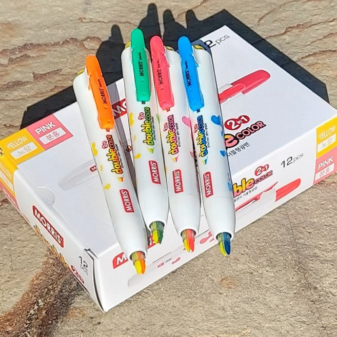 모리스 펜하나에 두개의 색상-JUSTCLICK 듀얼팁 노크식 더블 형광펜 1다스(12자루), 노랑/하늘