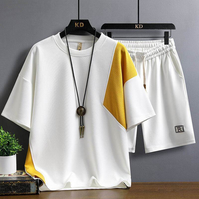 男士夏季休閒撞色短袖T恤, 1個, 白加黃/套裝2XL 145-165斤
