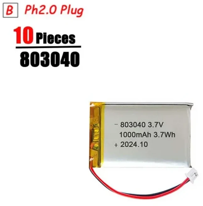 10Pcs 803040 Lipo 배터리 3.7V 1000mAh 리튬 MP4 GPS 블루투스 스피커 헤드폰 미니 디지털 카메라 라디오, 01 10Pcs PH2.0