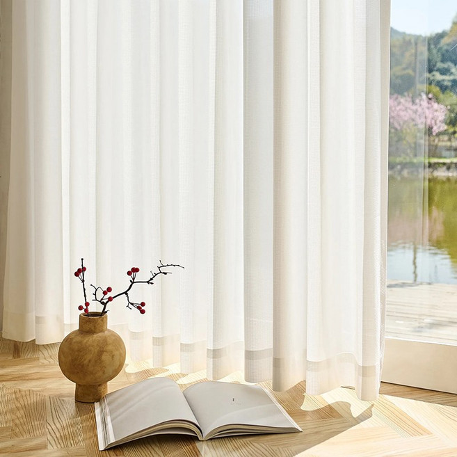 홈키안 도톰 스트라이프 레이스 쉬폰커튼 비침없음 자외선 차단 방풍 거실 커튼