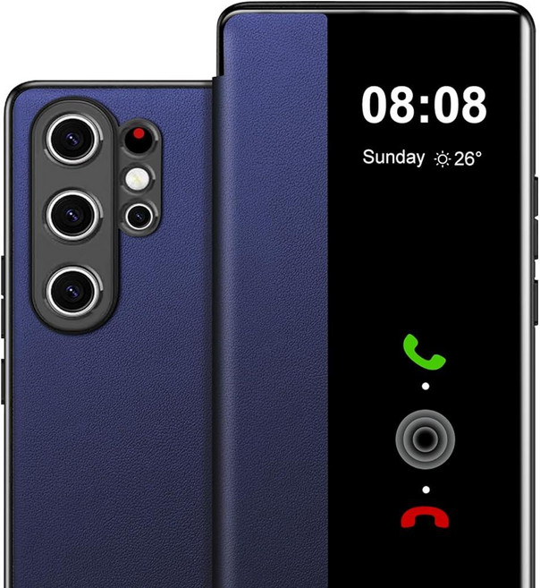 삼성 갤럭시 S25 울트라 케이스 플립 가죽 커버 투명 S-View 삼성 S25 울트라 폰 케이스 스마트 윈도우 하드 플립 충격 방지 보호 커버 삼성 5G S, 블루