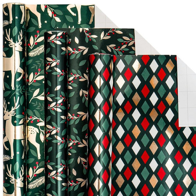 LeZakaa 크리스마스 포장지 번들 - 리본 리본 스티커 및 선물 태그가 있는 미니 롤 - 나무/눈송이/격자 무늬 프린트가 있는 실버 메탈릭 호일 디자인 - 43.2 x, 순록, 베리 잎, 마름모