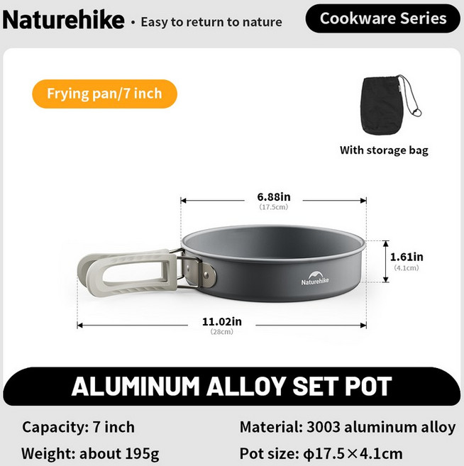 후라이팬네이처하이크 캠핑 조리기구 키트 휴대용 알루미늄 냄비 주전자 접이식 프라이팬 야외 식기 주방, 01 CN, 05 Frying Pan-7 inch, 1개