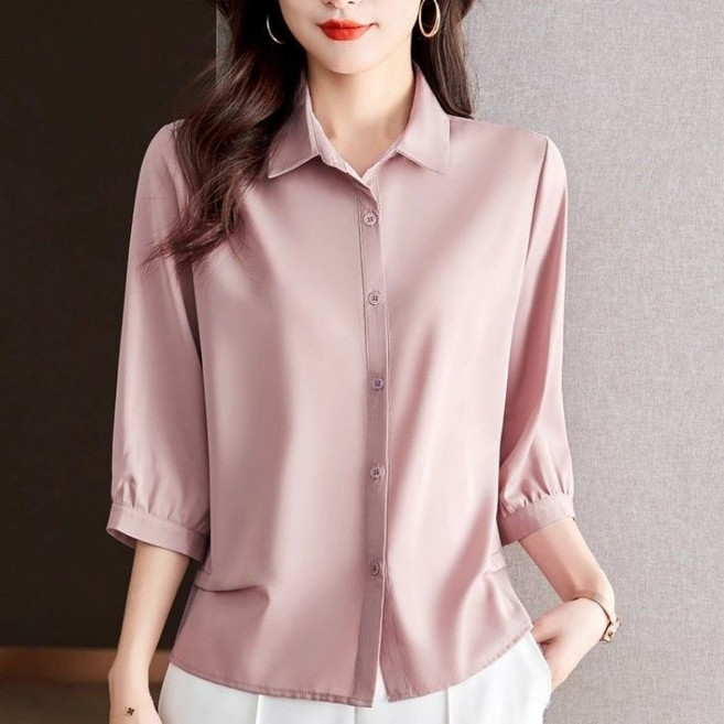 Makone 여성 솔리드 카라넥 패션 캐주얼 트랜드 엘레강스 데일리 셔츠 7부 소매 심플