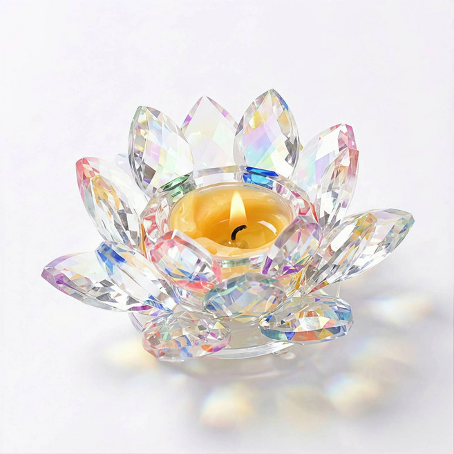 昱晶閣 水晶蓮花燈座 七彩供佛蠟燭台 佛教酥油燈座 供燈用品, 七彩色 (現貨), 1個