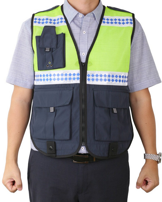 경찰형 배색 바둑판 무늬 조끼, 형광 + 네이비, 1개