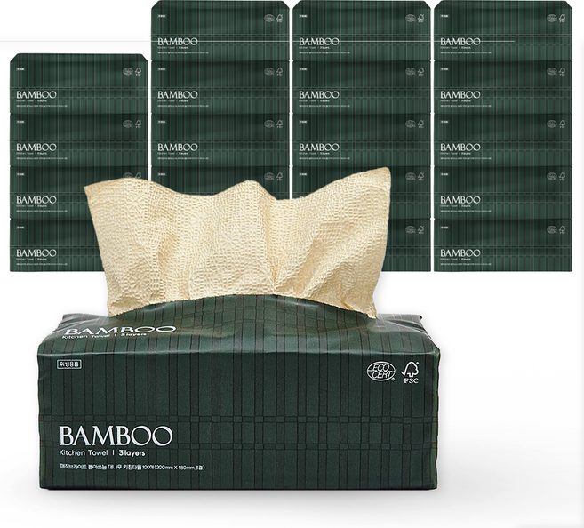 매직브라이트 BAMBOO 도톰한 3겹 뽑아쓰는 대나무 키친타올 뱀부 국산 무표백 무형광 먼지없는 흡수력 주방 키친타월 대용량, 20개, 100매