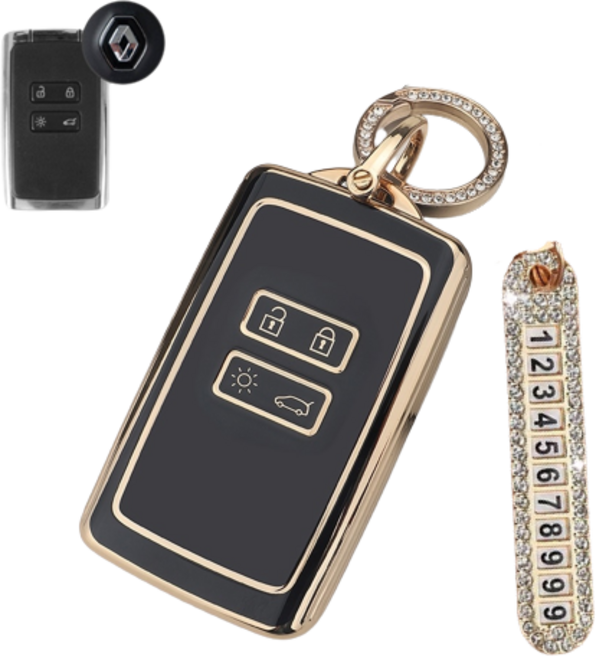 키에티 르노 호환 QM6 XM3 실버라인 스마트 차 키케이스 키홀더 + 분실방지 큐빅 전화번호판, 블랙 골드라인