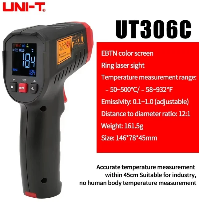 UNI-T UT306C UT306S UT300A+ UT300S UT301A+ UT301C+ 비접촉식 산업용 레이저 디지털 온도 온도 측정기, 02 UT306C, 1개