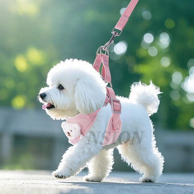 NSION 반려동물 귀여운 소형견 강아지 하네스 + 리드줄 세트 산책용, 핑크