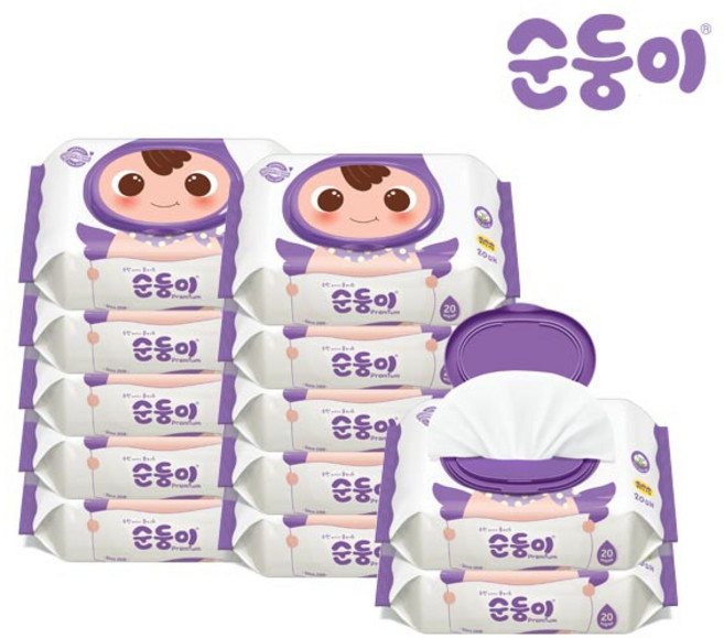 순둥이 프리미엄 엠보싱 아기 물티슈 캡형 65평량, 65g, 20매, 12개