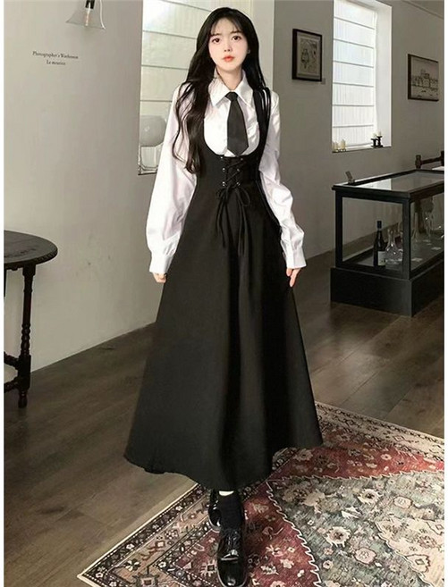 개화기의상 복고풍 넥타이 슬리밍 가을 허리 복고풍 레트로 투피스 봄 경성의복 흰색 셔츠넥타이